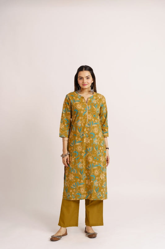 Olive mustard cotton printed co-ord set for women front view