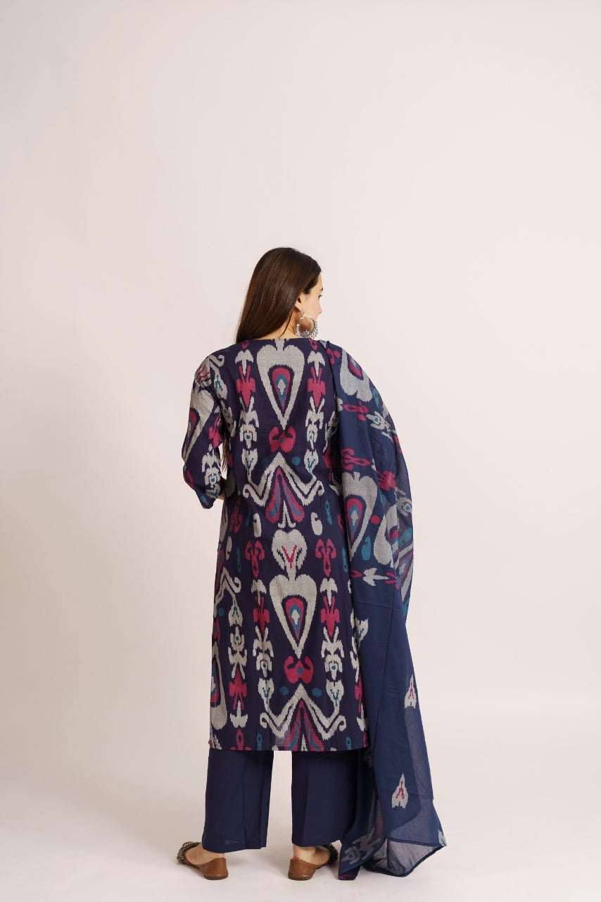 Navy ikat printed kurta set with plain matching pants