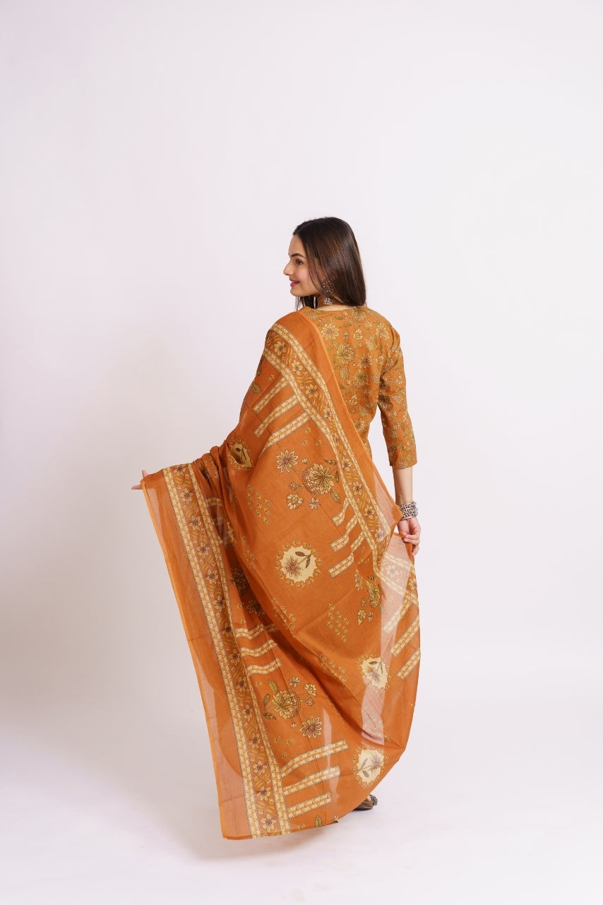 Mustard printed kurta set with matching straight-fit pants
