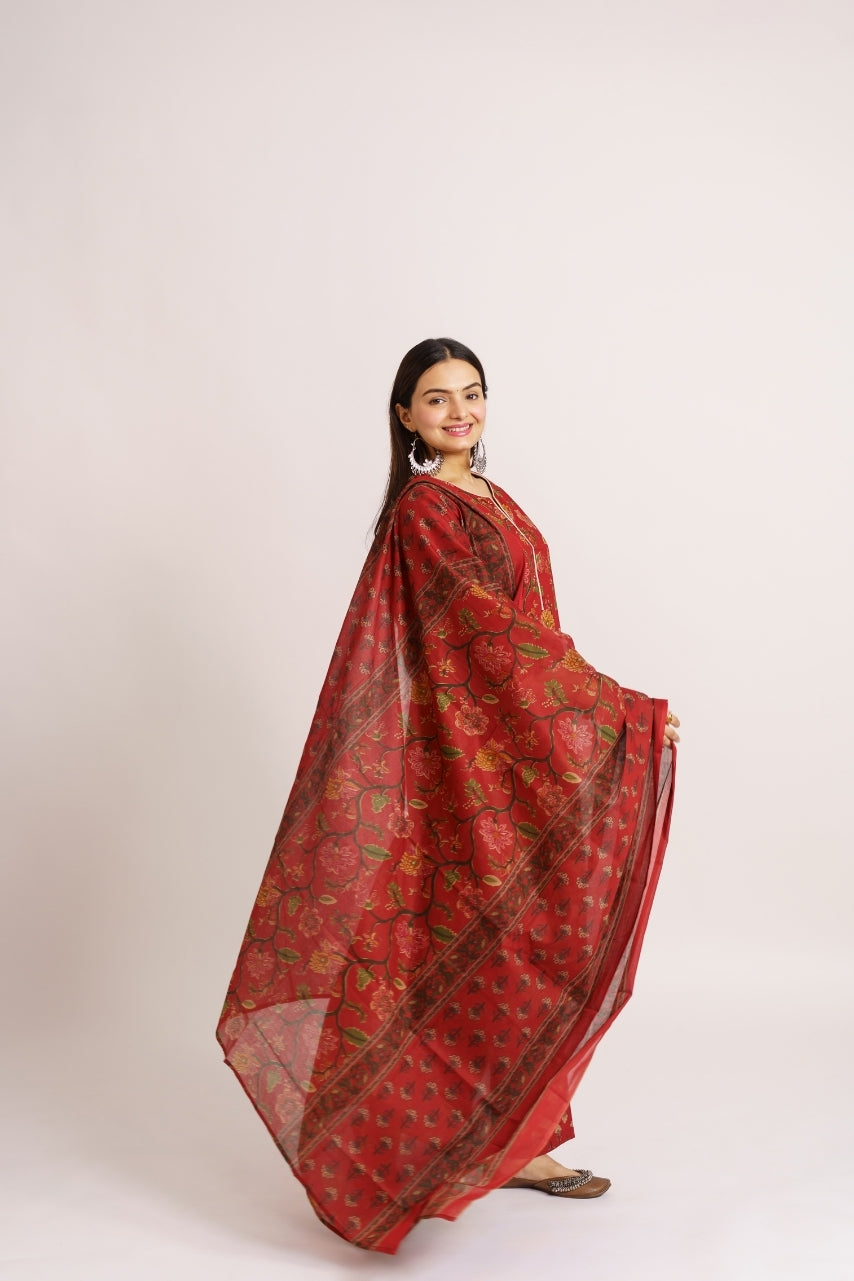 Red printed kurta set with matching floral printed pants