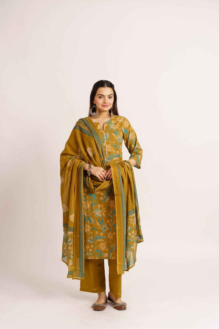 Olive mustard cotton printed kurta set with dupatta for women