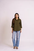 Olive Green Cotton Printed Shirt for Women | Ethnic Block Print Casual Shirt