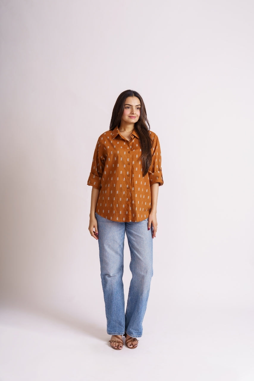 Cotton ikat print shirt sleeve rolled up with button tab