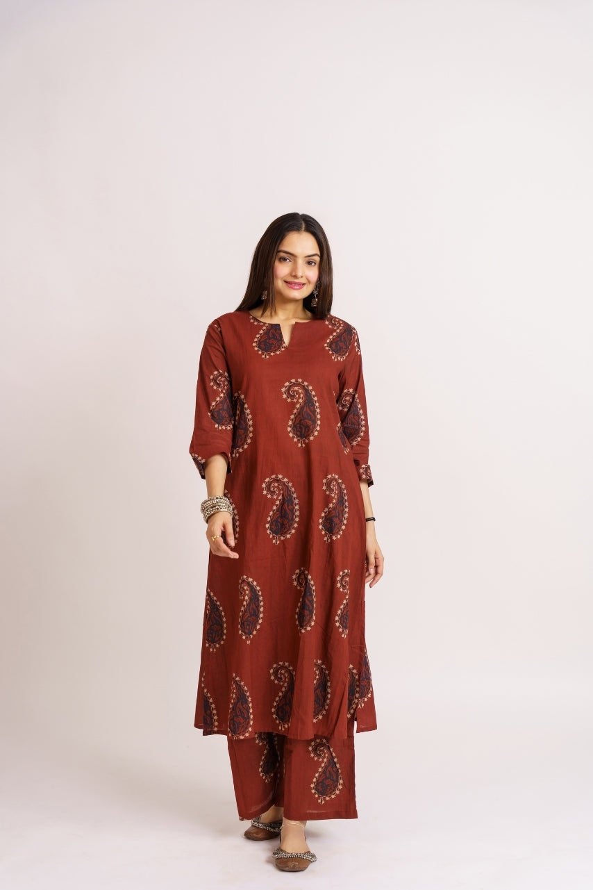 Rust red cotton printed co-ord set for women front view