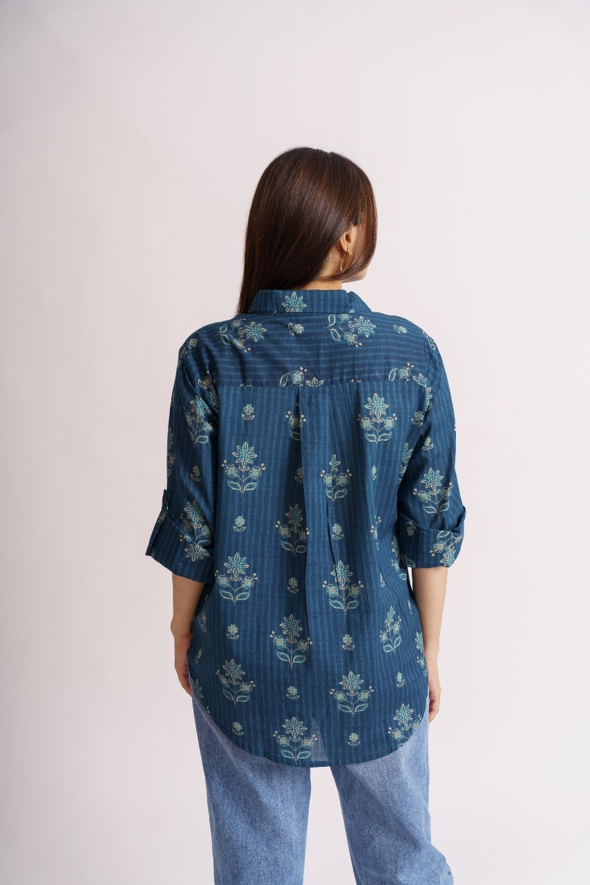 Women's teal shirt collar and button placket detail