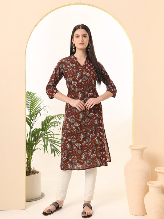 Ekisha women's cotton brown floral printed angrakha kurta kurti - Ekisha