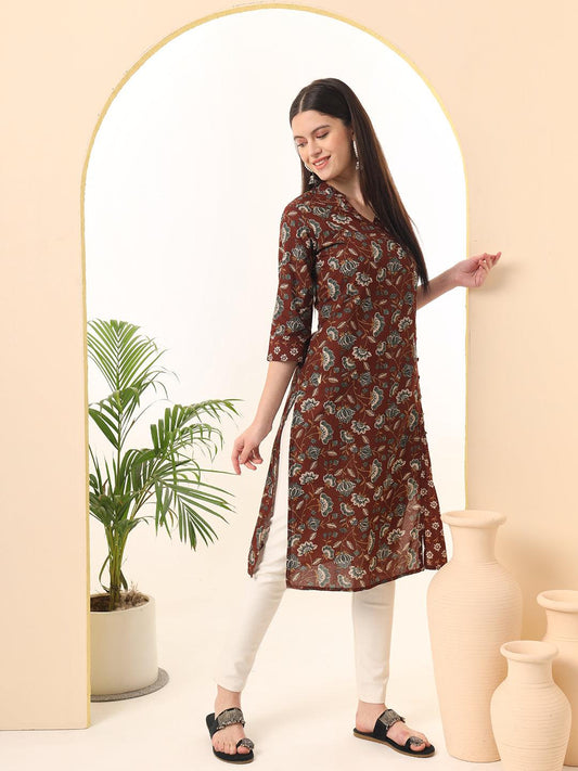 Ekisha women's cotton brown floral printed angrakha kurta kurti - Ekisha