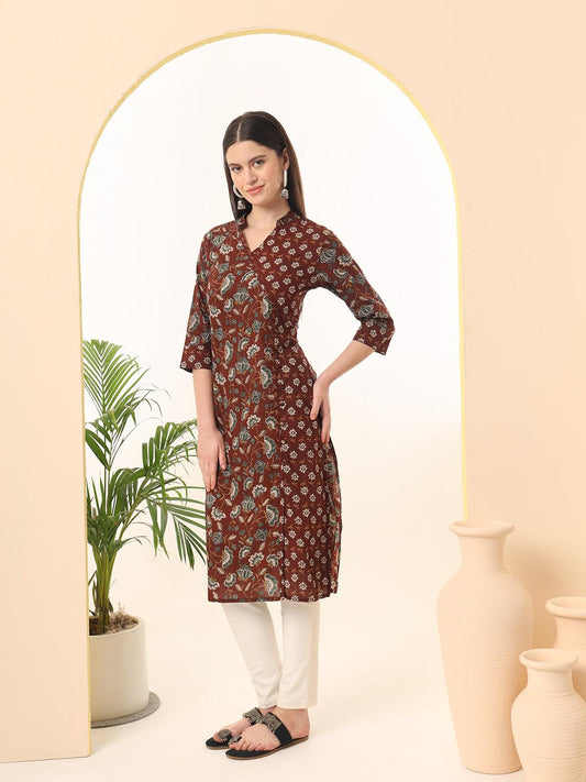 Ekisha women's cotton brown floral printed angrakha kurta kurti - Ekisha