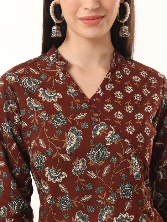 Ekisha women's cotton brown floral printed angrakha kurta kurti - Ekisha