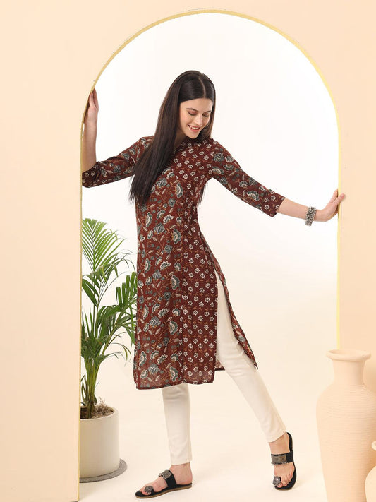 Ekisha women's cotton brown floral printed angrakha kurta kurti - Ekisha