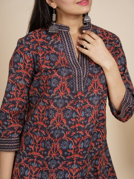 Ekisha's women black designer lace printed cotton tunic top short kurti, detailed view