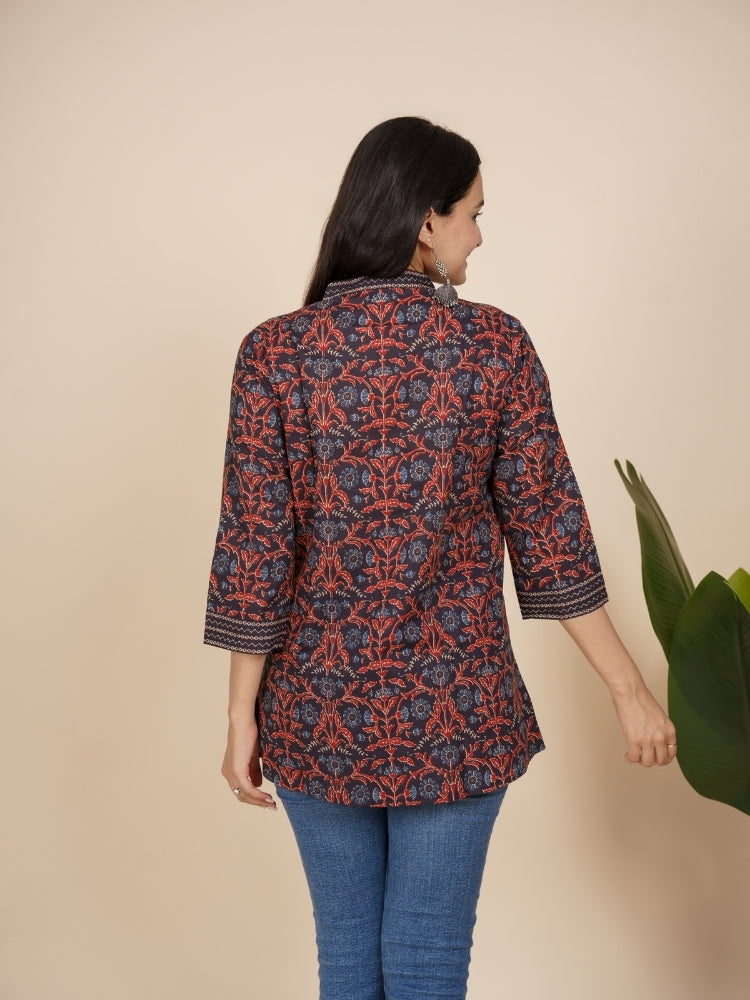 Ekisha's women black designer lace printed cotton tunic top short kurti, back view