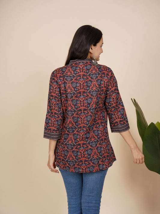 Ekisha's women black designer lace printed cotton tunic top short kurti, back view