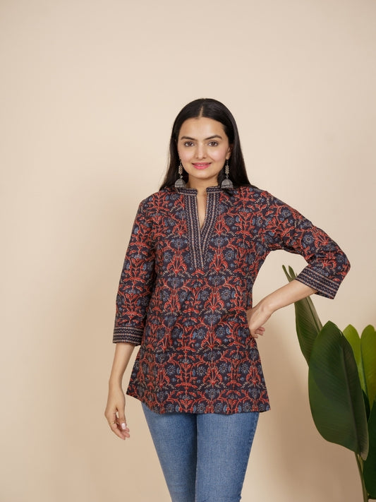 Ekisha's women black designer lace printed cotton tunic top short kurti, front view 2