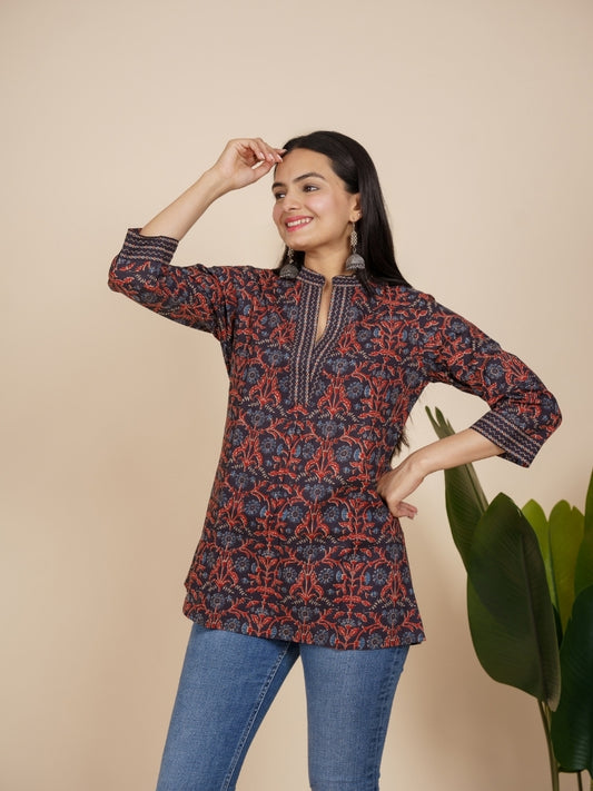 Ekisha's women black designer lace printed cotton tunic top short kurti, side view