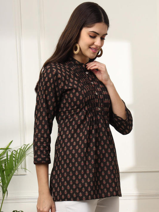 Ekisha's women black designer printed cotton tunic top short kurti - Ekisha