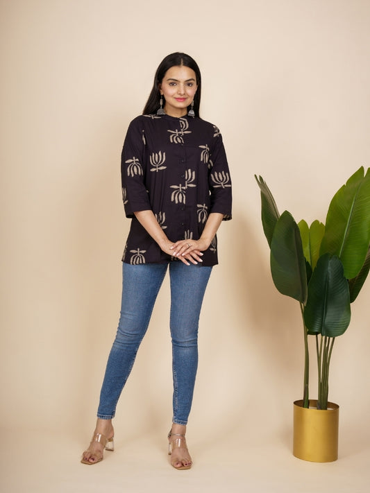 Ekisha's women black lotus designer cotton printed tunic top short kurti, front view