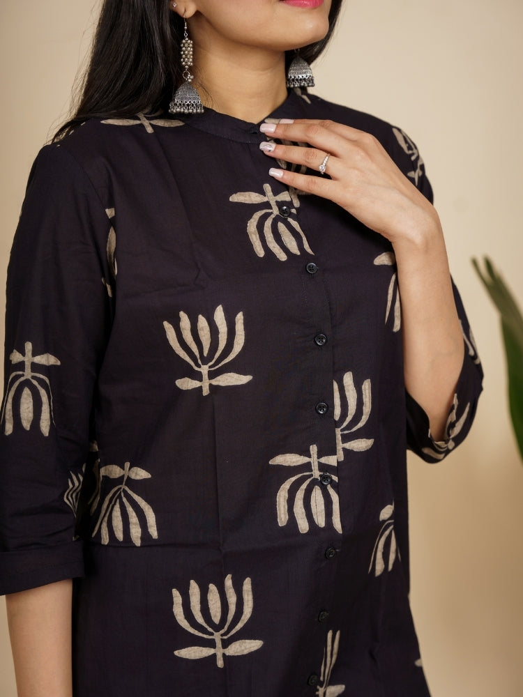 Ekisha's women black lotus designer cotton printed tunic top short kurti, detailed view