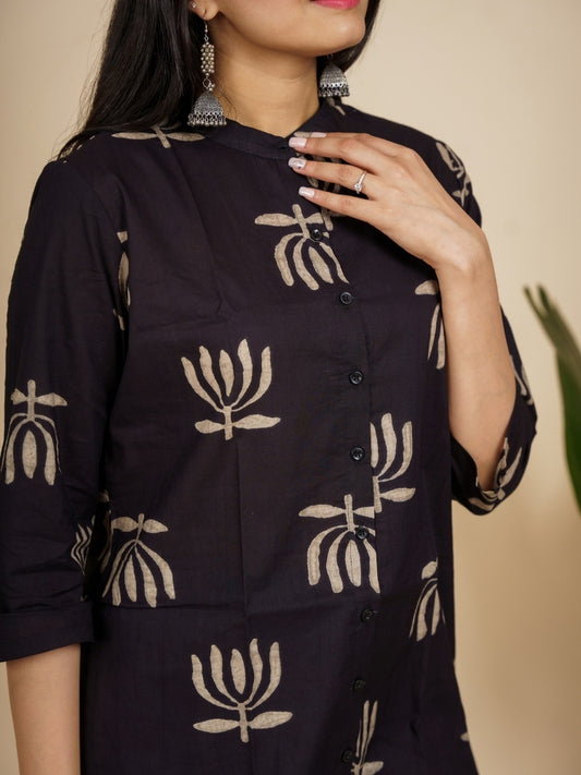 Ekisha's women black lotus designer cotton printed tunic top short kurti, detailed view