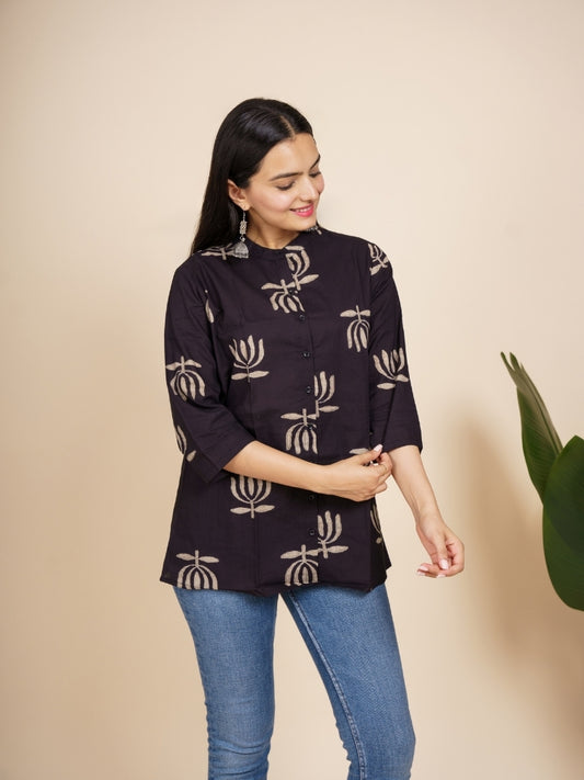 Ekisha's women black lotus designer cotton printed tunic top short kurti, side view