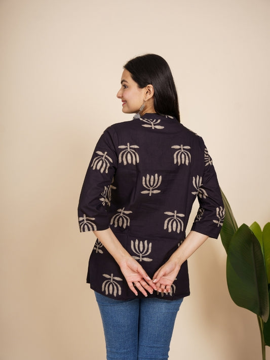 Ekisha's women black lotus designer cotton printed tunic top short kurti, back view