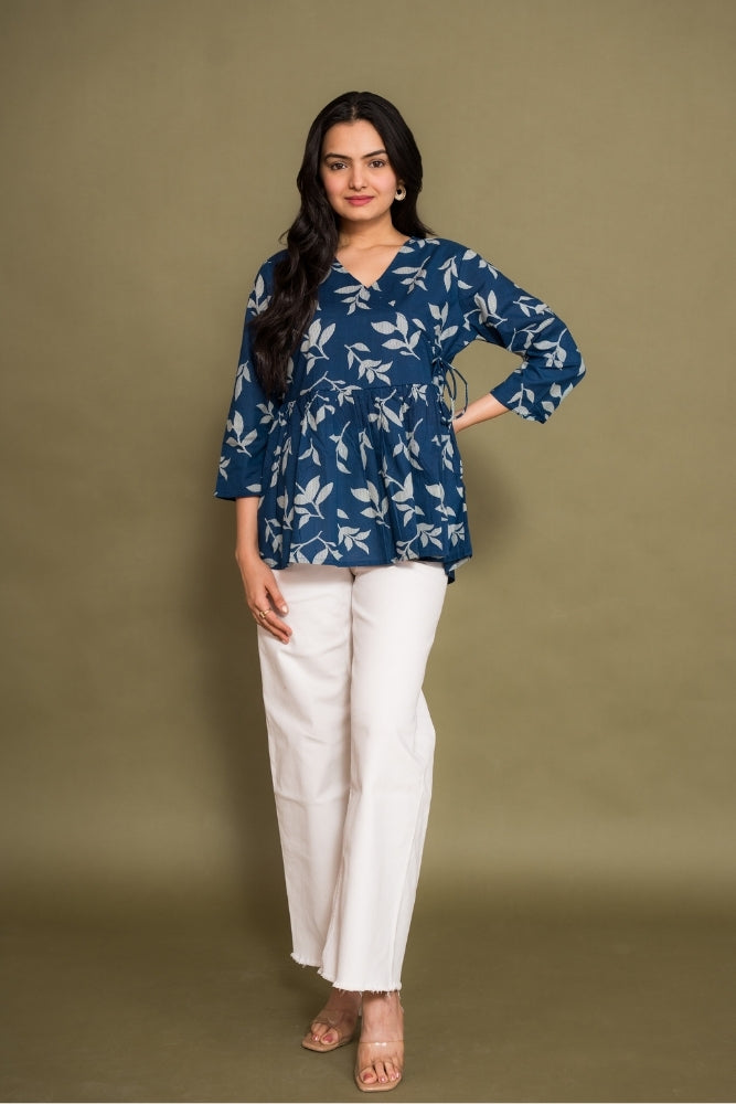 Ekisha's women blue abstract angrakha printed cotton tunic top short kurti, front view 5