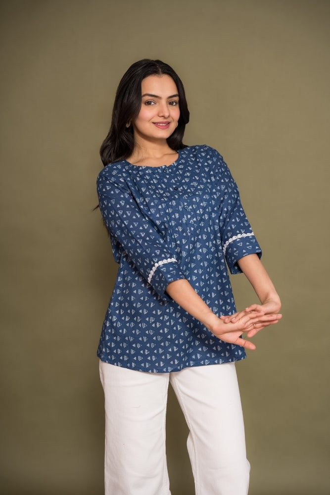 Ekisha's women blue abstract printed designer cotton tunic top short kurti, front view