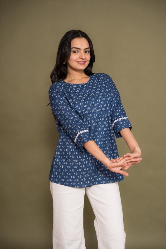 Ekisha's women blue abstract printed designer cotton tunic top short kurti, front view