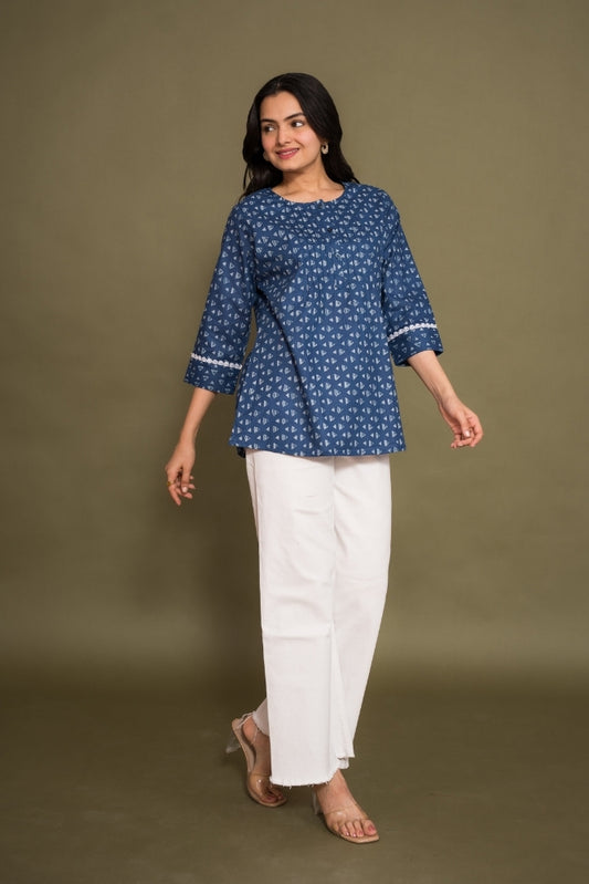 Ekisha's women blue abstract printed designer cotton tunic top short kurti, front view 3