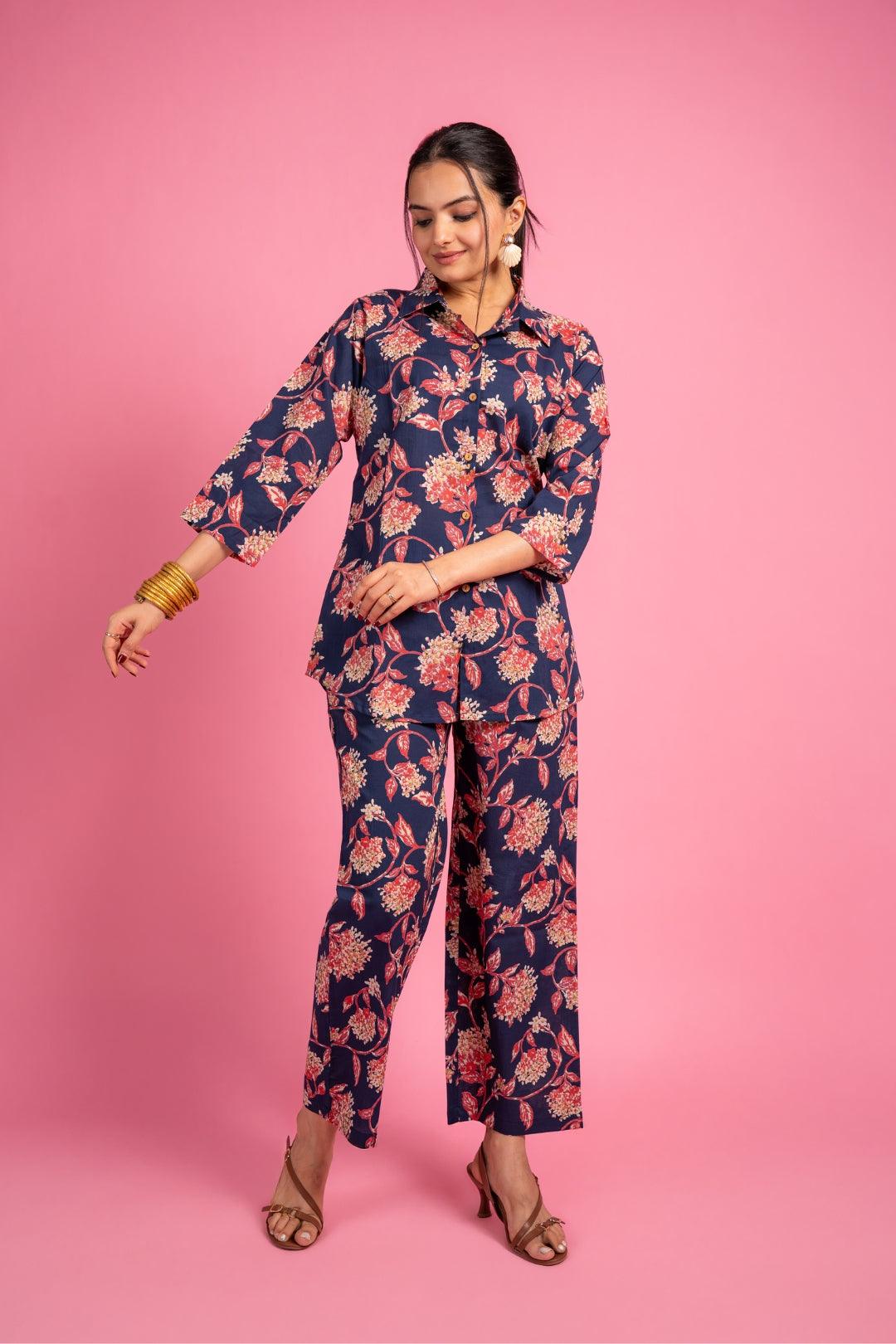 Blue Multicolour Floral Cotton Coord Set for Women | Lounge Wear – Ekisha