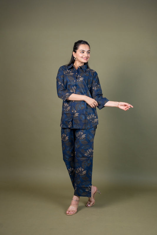 Ekisha's women blue designer floral printed cotton co-ord set lounge wear, front view 