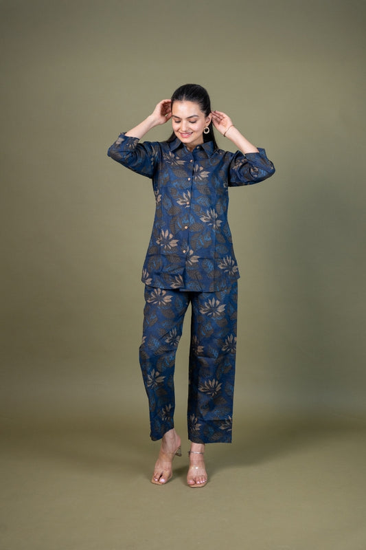 Ekisha's women blue designer floral printed cotton co-ord set lounge wear, front view 2