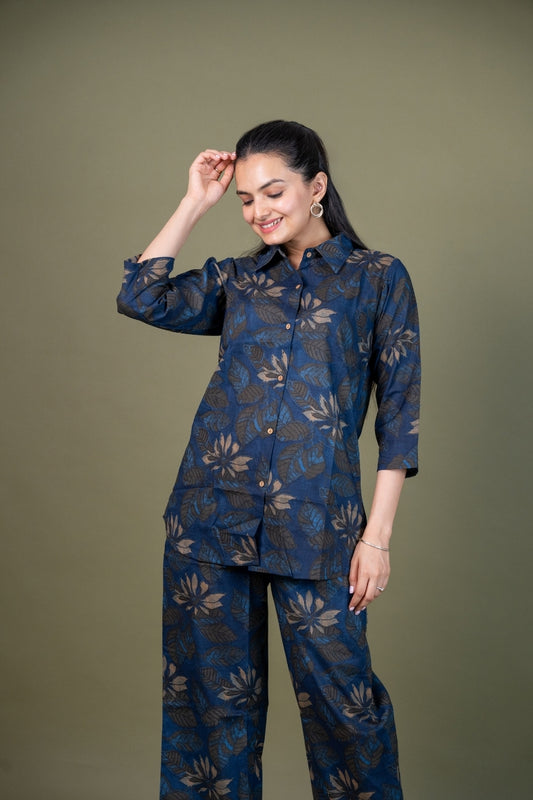 Ekisha's women blue designer floral printed cotton co-ord set lounge wear, front view 2