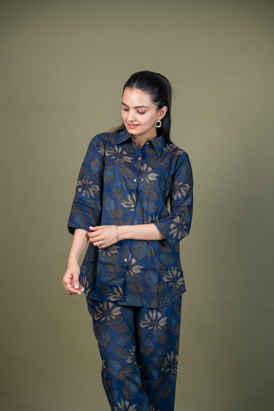 Ekisha's women blue designer floral printed cotton co-ord set lounge wear, front view 3