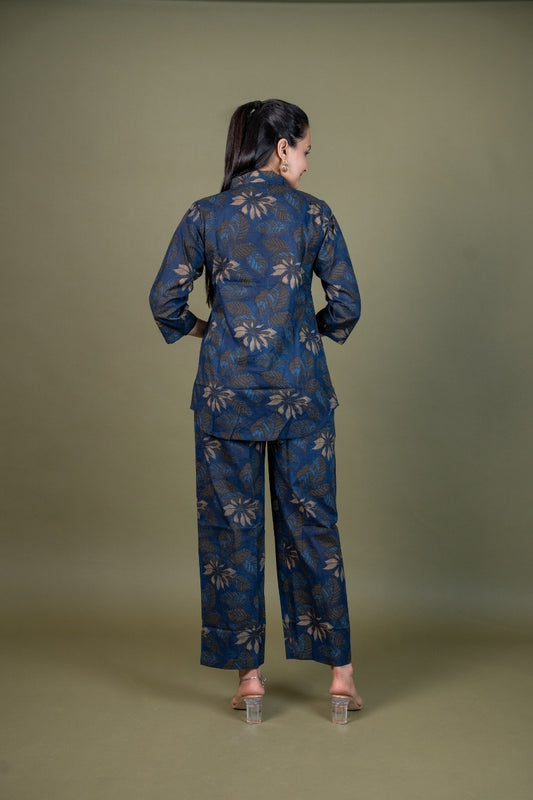 Ekisha's women blue designer floral printed cotton co-ord set lounge wear, back view
