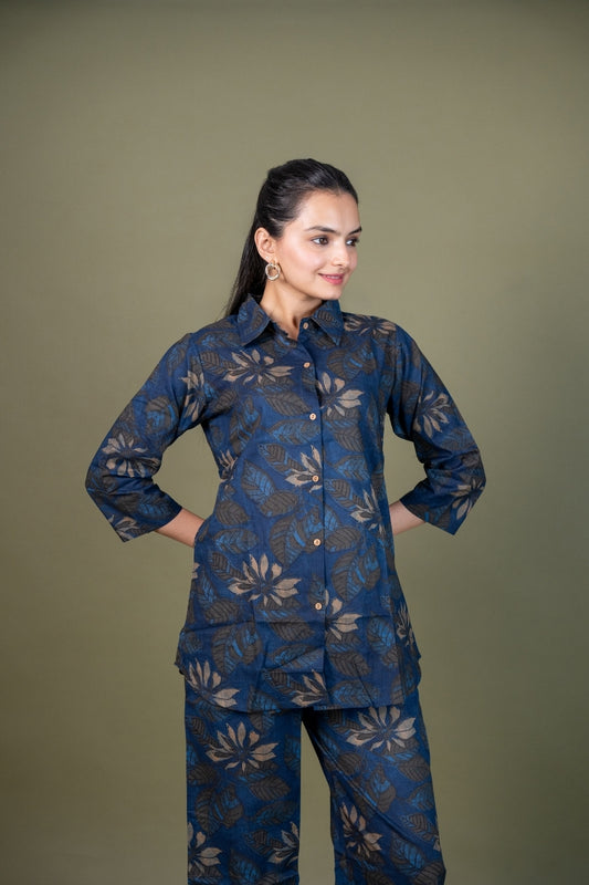 Ekisha's women blue designer floral printed cotton co-ord set lounge wear, front view 4