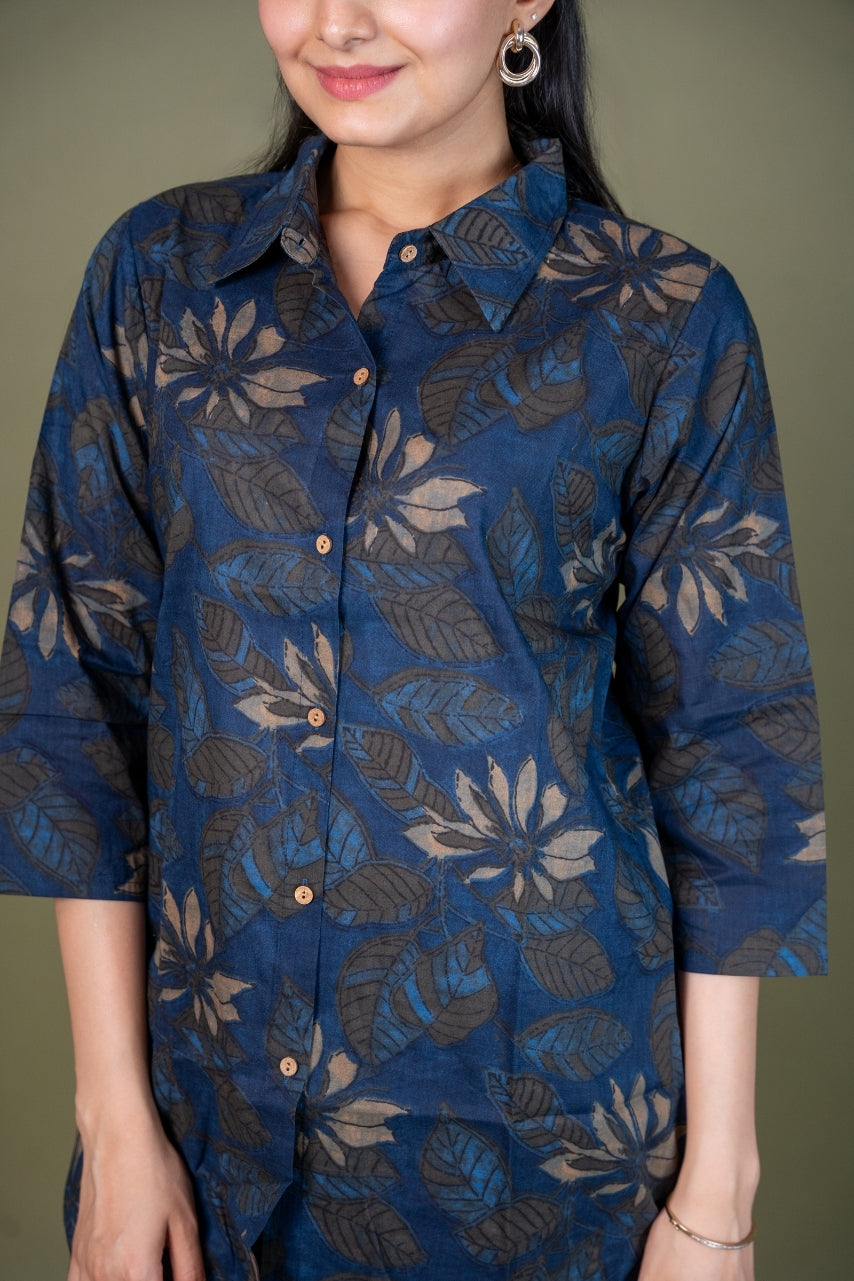 Ekisha's women blue designer floral printed cotton co-ord set lounge wear, detailed view