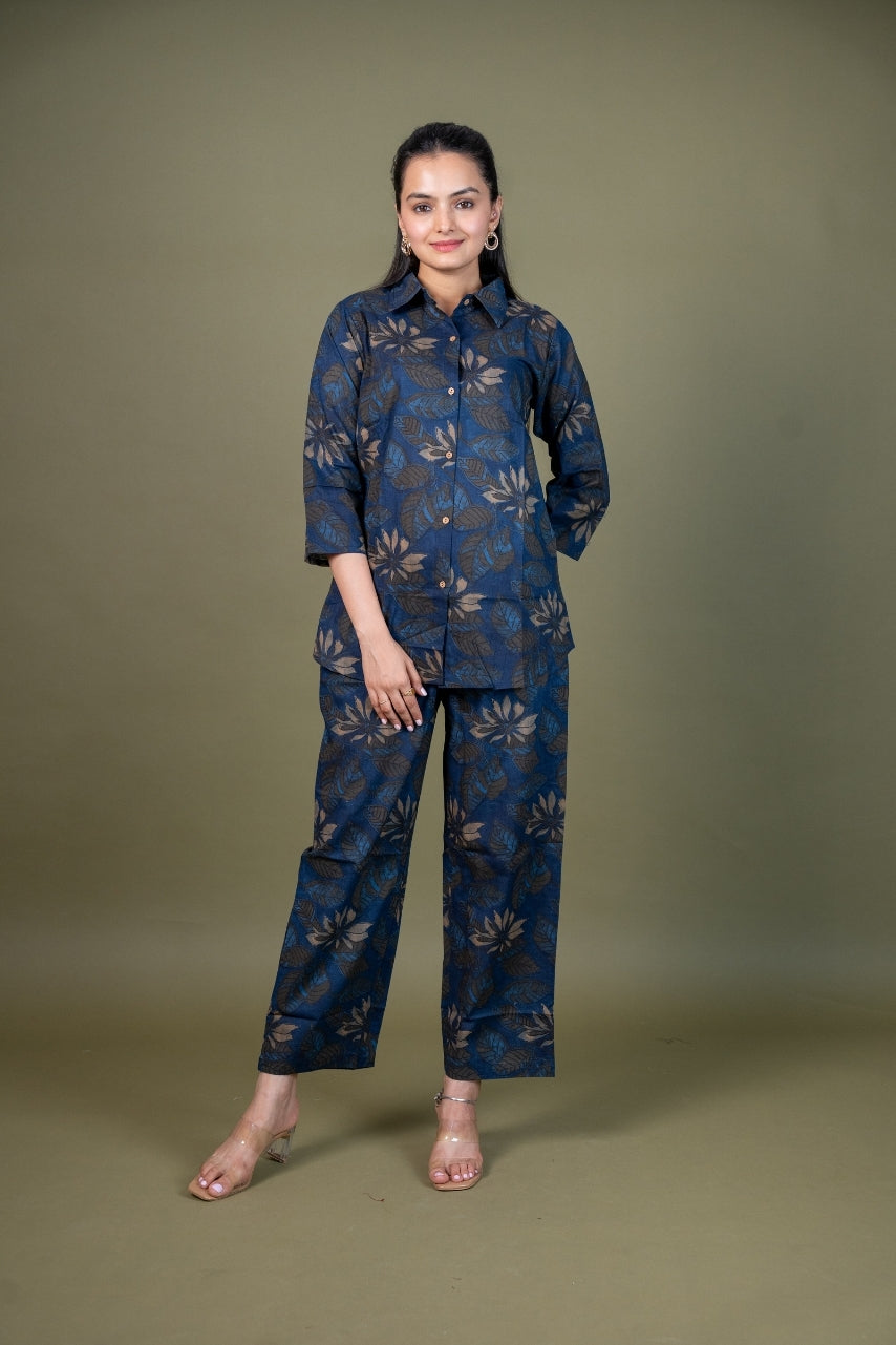Ekisha's women blue designer floral printed cotton co-ord set lounge wear, front view 6