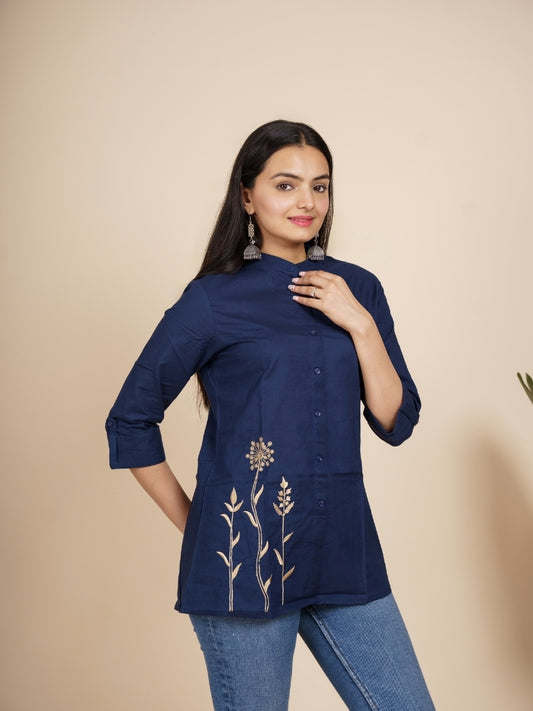 Ekisha's women blue embroidered designer cotton tunic top short kurti, side view
