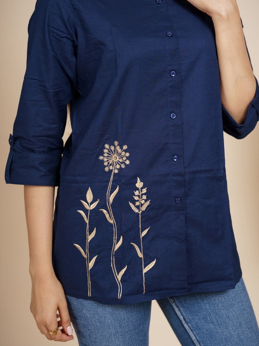 Ekisha's women blue embroidered designer cotton tunic top short kurti, detailed view