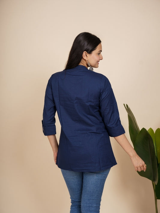 Ekisha's women blue embroidered designer cotton tunic top short kurti, back view