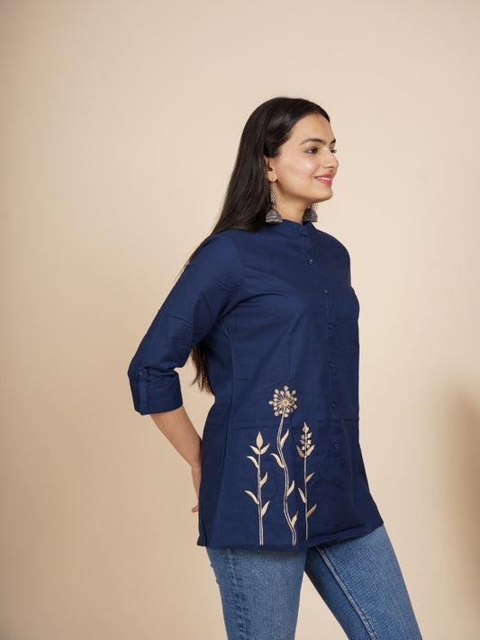 Ekisha's women blue embroidered designer cotton tunic top short kurti, side view 2