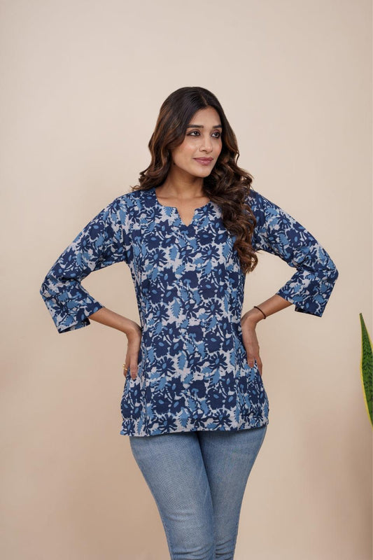 Ekisha's women blue multicolor beautiful designer floral printed cotton tunic top short kurti - Ekisha