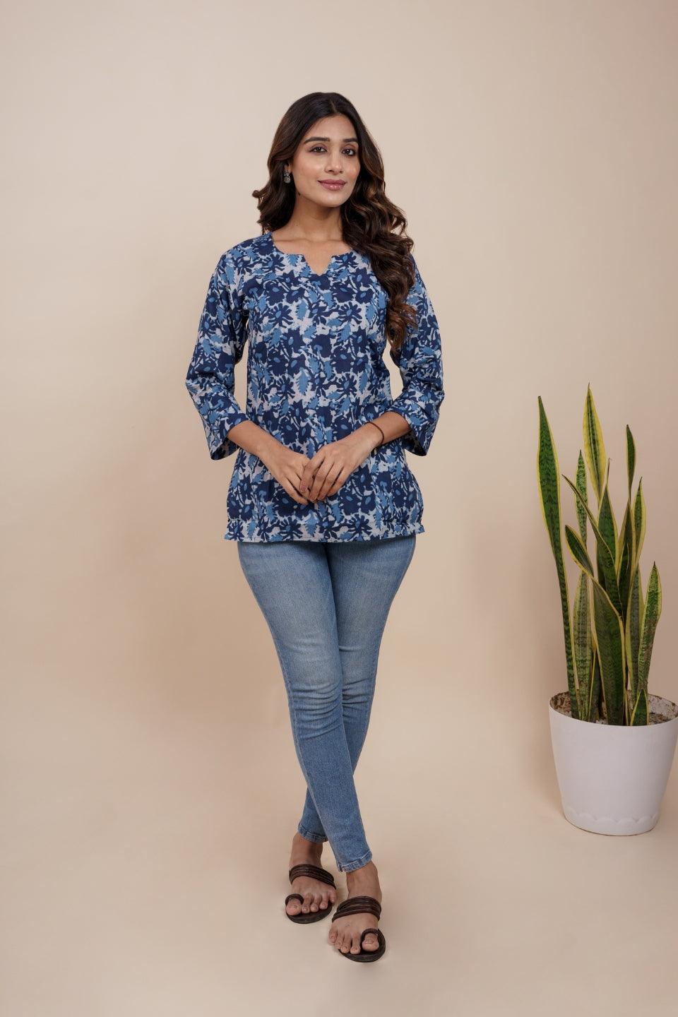 Ekisha's women blue multicolor beautiful designer floral printed cotton tunic top short kurti - Ekisha
