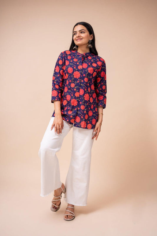 Ekisha's women blue multicolor floral designer printed cotton tunic top short kurti - Ekisha