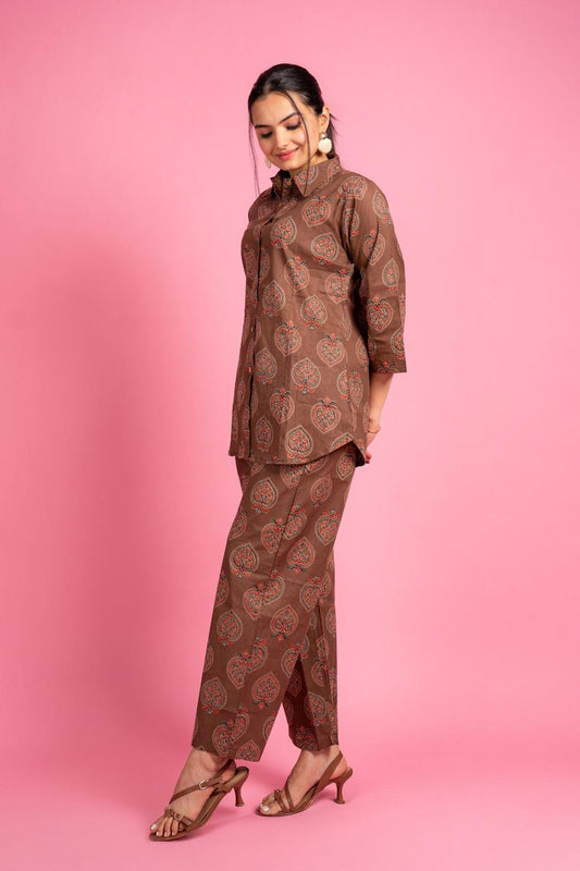 Ekisha's women brown beautiful multicolor floral printed cotton co-ord set lounge wear - Ekisha