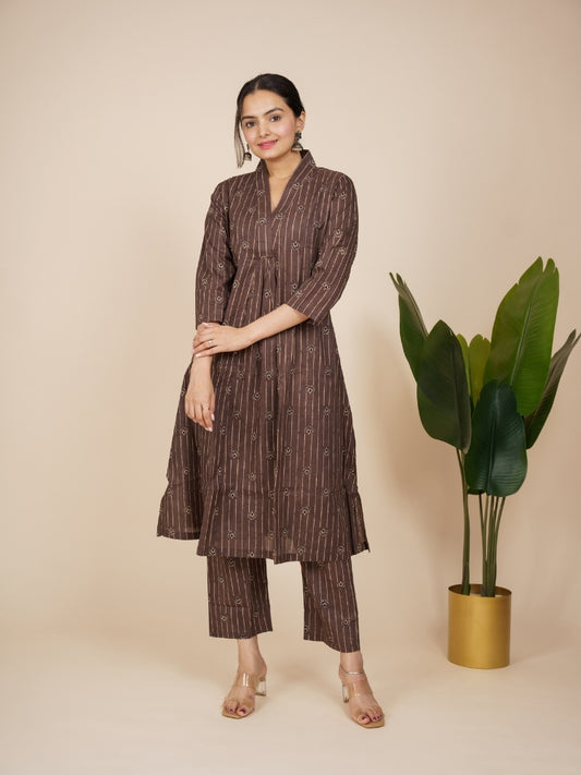 Ekisha's women brown designer floral printed cotton co-ord set lounge wear, front view