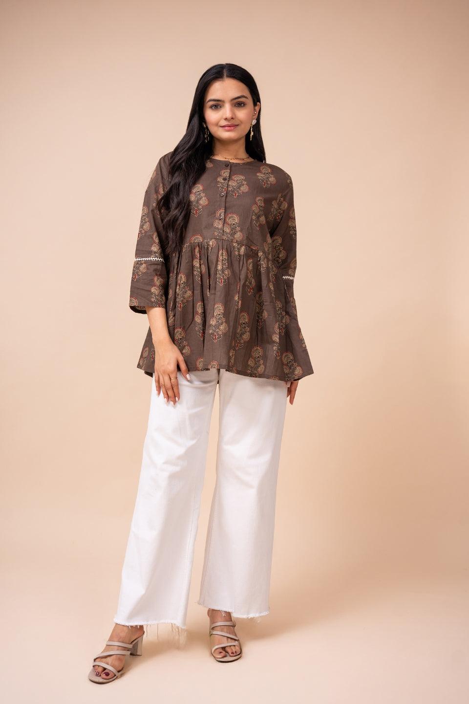Ekisha's women brown floral printed cotton tunic top short kurti - Ekisha