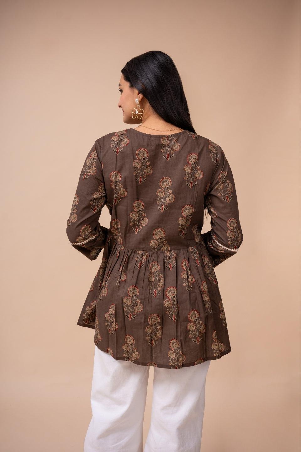 Ekisha's women brown floral printed cotton tunic top short kurti - Ekisha
