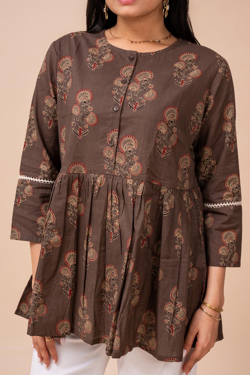 Ekisha's women brown floral printed cotton tunic top short kurti - Ekisha